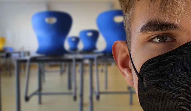 man, student, chair, lockdown, school, mask, class, classroom, empty, portrait